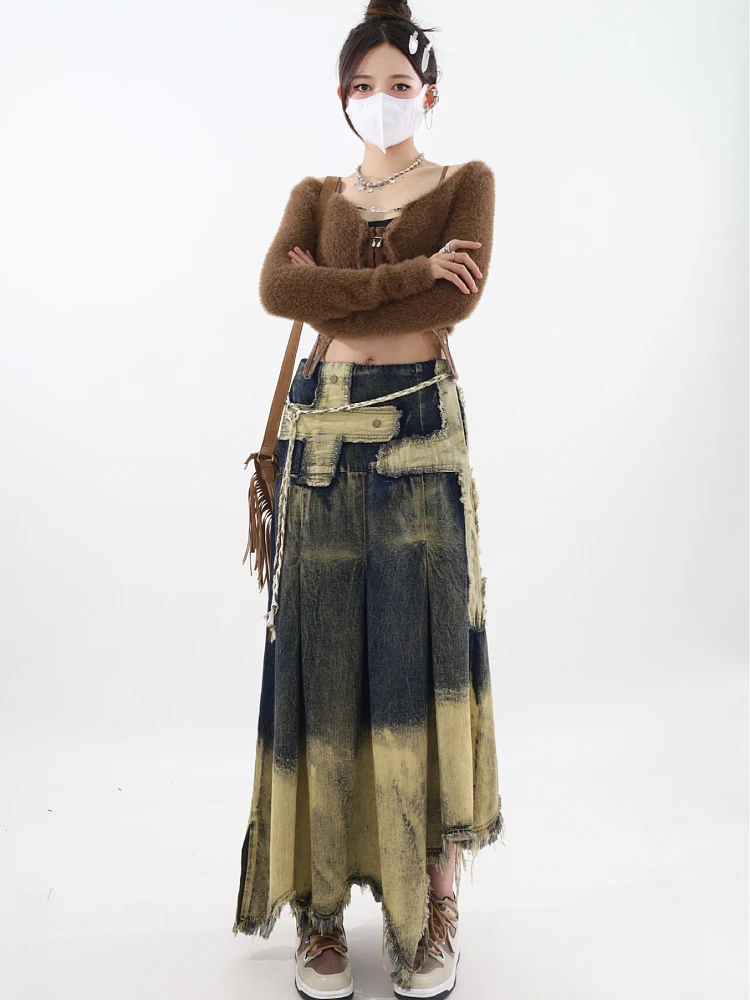 Women Denim Skirt Y2k Emo 2000s Clothes Long Skirt Harajuku Korean 90s Fashion Vintage Gradient A-line Jean Skirt Grunge Clothes