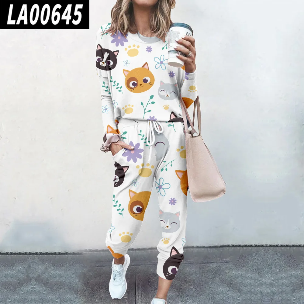 Women Cute Cat Print Pullover Two Piece Set Casual Long Sleeve Sweatshirts And Jogging Pants Suits Tracksuits