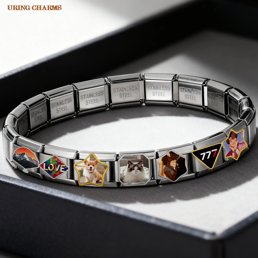 أشكال مختلفة صورة شخصية بالجملة صورة مخصصة رابط سحر إيطالي صالح 9 مللي متر سوار من الفولاذ المقاوم للصدأ مجوهرات ذاتية الصنع