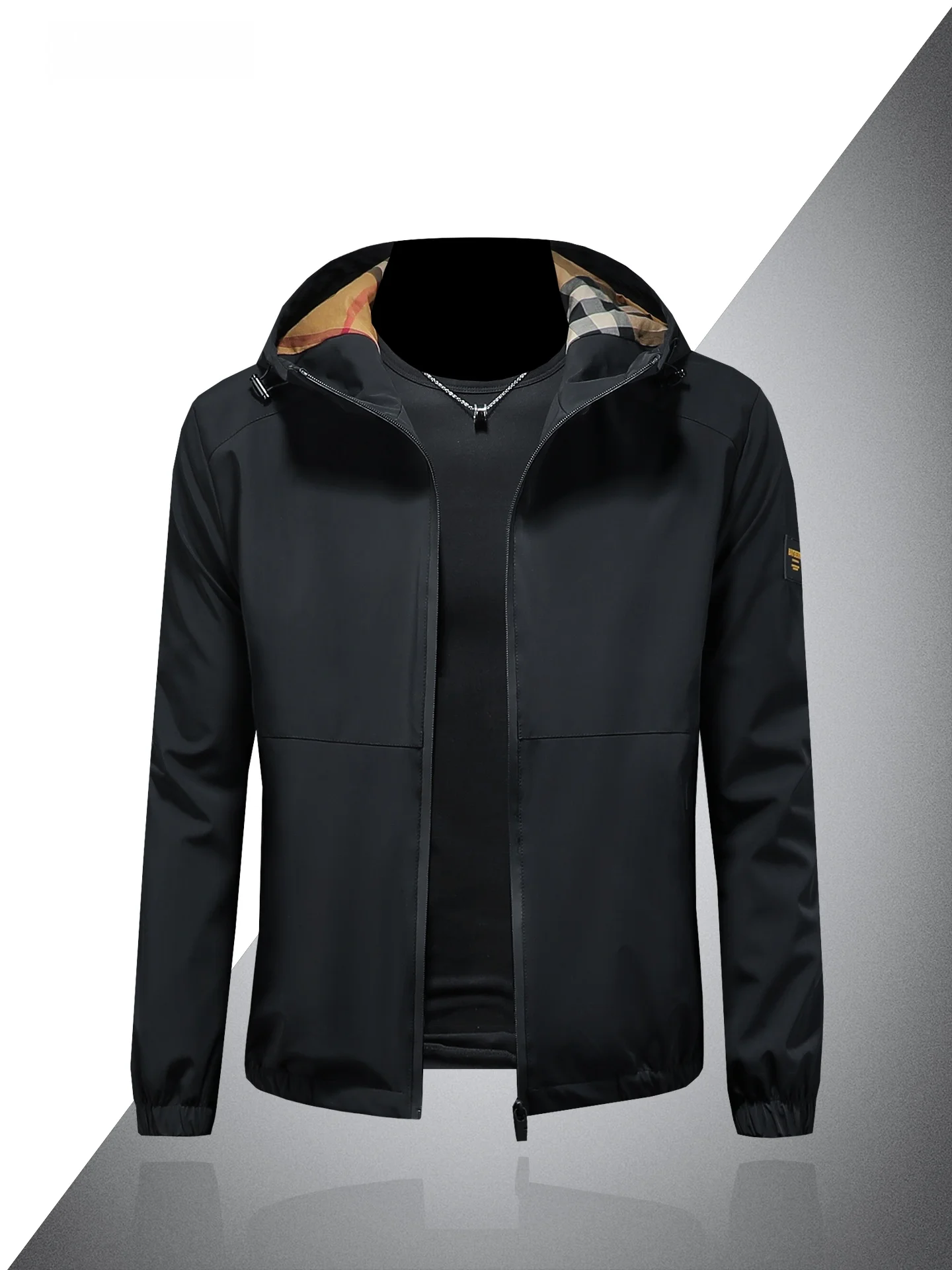 

2026 New Men's Hooded Jaet Casual Thin Sle Polyester Fabric Elastic Bot Basic Sle Zipper Closure Pure Color Streetwear