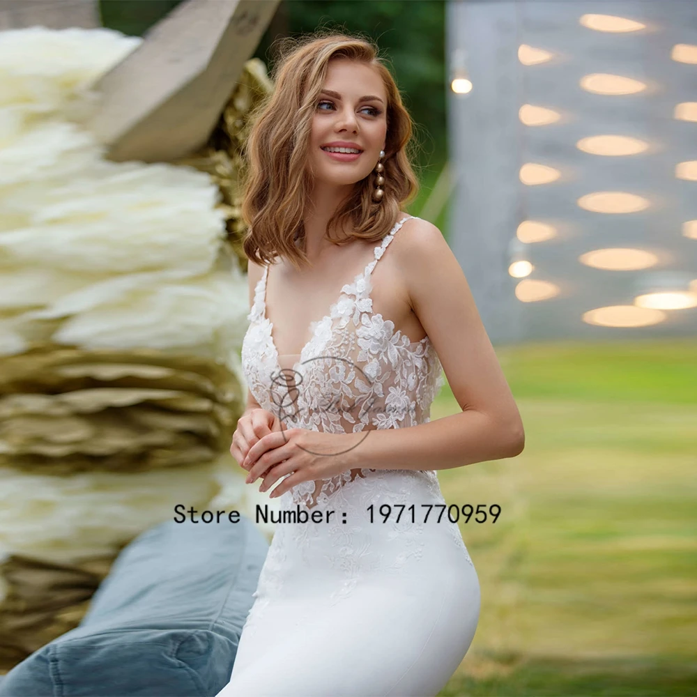 Robe de mariée sirène à col en V avec appliques, bretelles spaghetti, robe de patients, sur mesure, exquis, dos nu, 2024