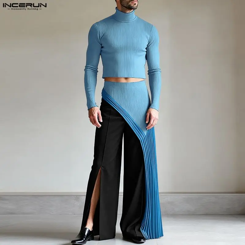 INCERUN 2026 Men Sets Patchwork Pleated Turtleneck Long Sleeve Crop Tops & Irregular Skirt 2PCS Streetwear Fashion Men Suits