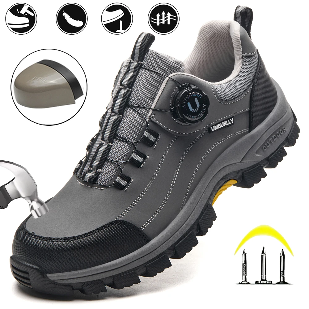 Men's Steel-Toed Safety Shoes With Anti-Crush, Anti-Puncture And Anti-Slip Soles, Fashionable Button Industrial Work Shoes