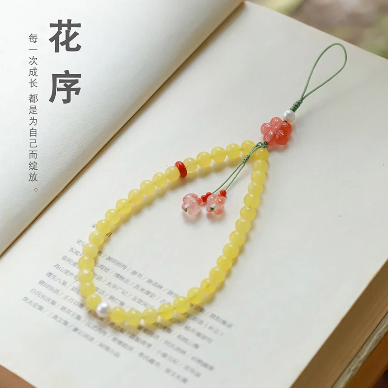 

Beautiful New style Phone Lanyard Accessory Golden Honey Amber with Red Coral small Flowers Pretty Design Wrist Strap
