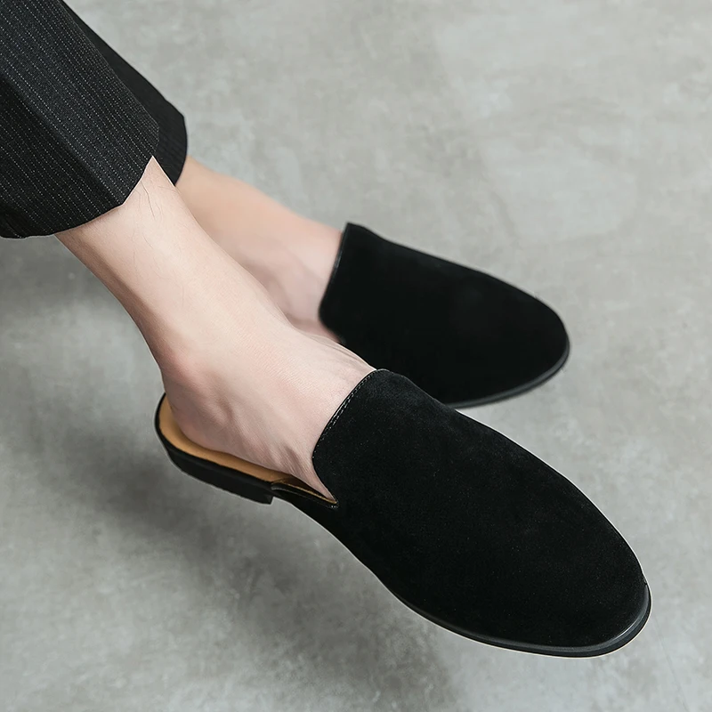 Half Shoes For Men Mules 2022 Suede Leather Italian Slip On Flat Summer Mens Casual Shoes Breathable Loafers Slippers Man Slides