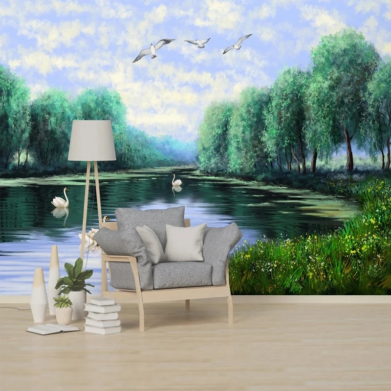 

Wall Papers Home Decor Custom Any Size Photo Mural Natural Birds Blue Sky Lake River Swan Forest Nordic Oil Painting Wallpaper