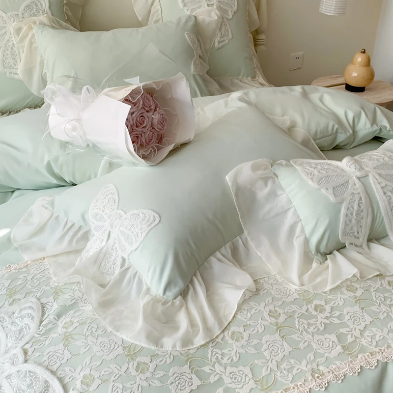 3/4Pcs Korean Princess-Style Bow Lace Ruffle Green Bedding Set 2-Person Boiled Cotton Bed Linen Duvet Cover Pillowcase Included