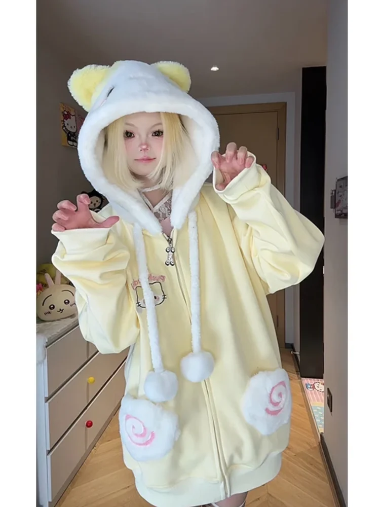 Kawaii Japans meisje Thiened Fce Hoodie Herfst Winter Loose Fit Cartoon Print Lange Sve Rits Vest Sle Sweatshirt