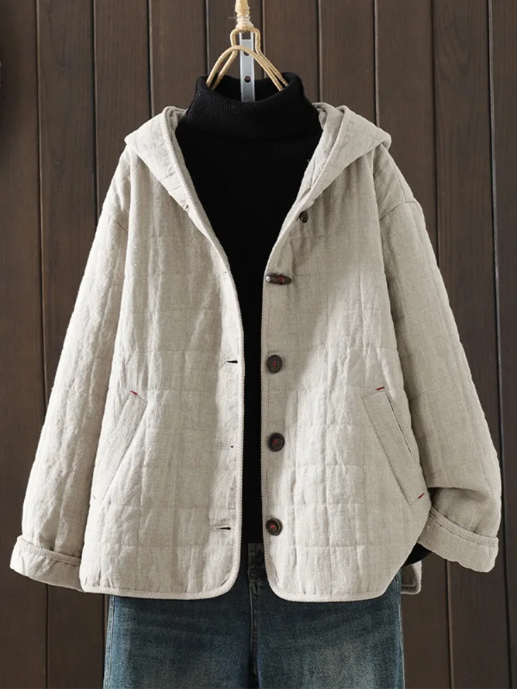 

Retro Cotton Linen Hooded Plaid Jaet Women's Winter Large Size Thiened Zen Sle Cotton Outerwear Top Button Closure