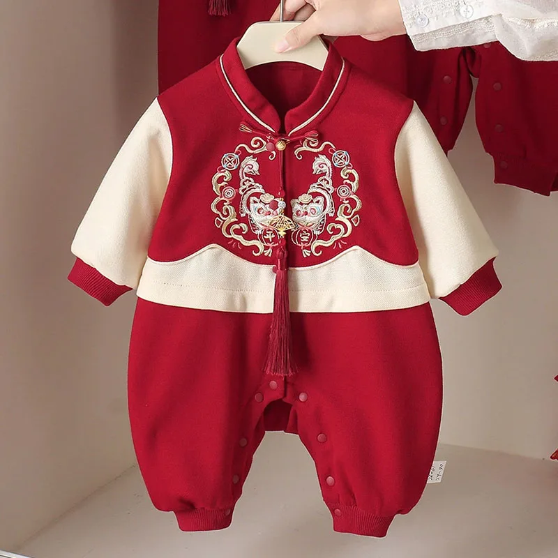2026 Fall Baby Girl Stuff New Year Embroidery Chinese Style Red Long Sleeve Jumpsuits Baby Boutique Clothing Newborn Items B198