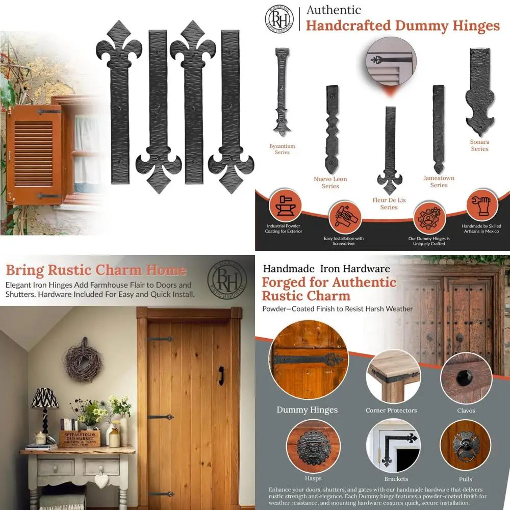

Rustic Handmade Iron Faux Hinges - 4 Pack Black Decorative Dummy Hinges for Farmhouse Shutters and Carriage Doors