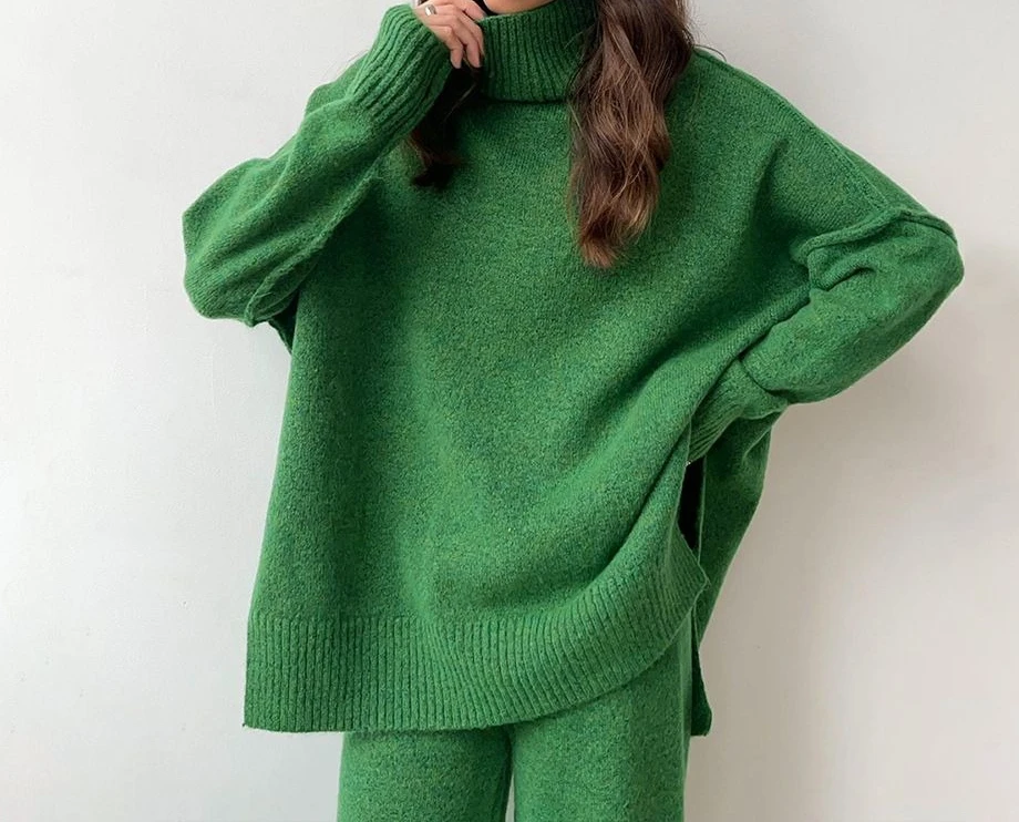 Fall/Winter Loose-Weave Casual High-Neck Sweater Set and Lazy Thick Knitted Pants Set