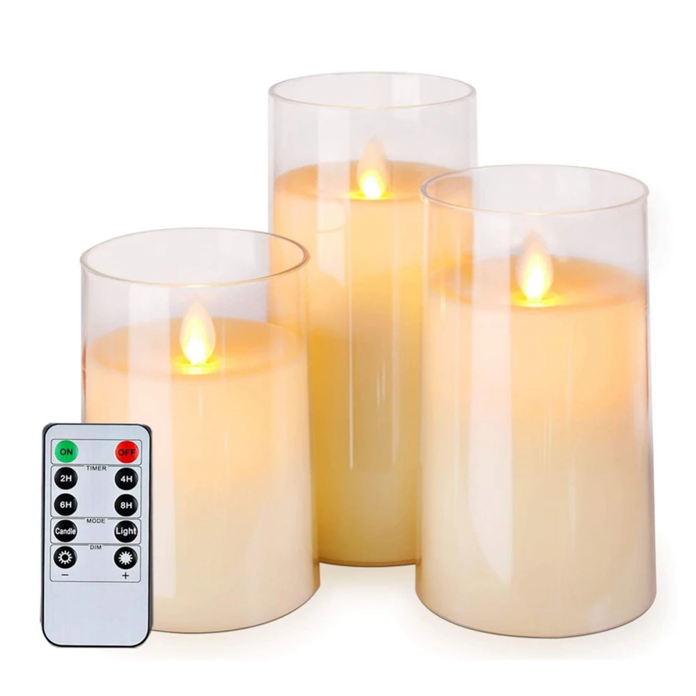 3pcs LED Candles Flameless Light Kit with Remote Control Flames Bulb Grey/Clear Glass Set Of 3 Christmas Decorations for Home