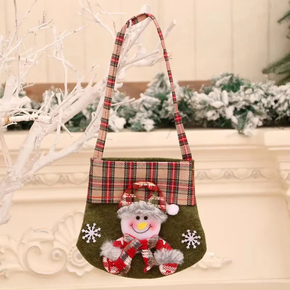 Plaid Trim Christmas Gift Bag Applique Decoration Open Top Holiday Gift Bag Long Carry Handles Christmas Tote Bag