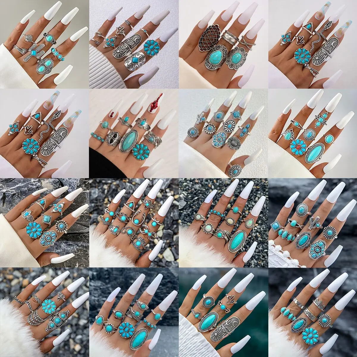 Tocona vintage pedra verde flores cobra anel conjuntos para mulheres homens encantos lua cacto olhos geometria festa jóias presente anillo