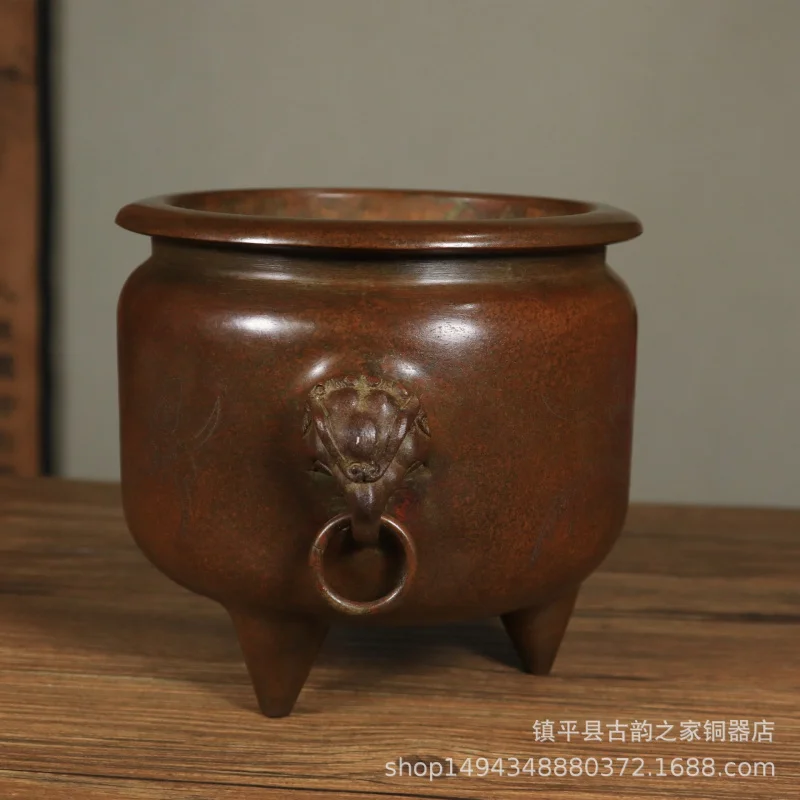 Pure High Altar Three-Legged with Ring Ear and Carved Patterns, Large Copper Incense Burner Ornament for L
