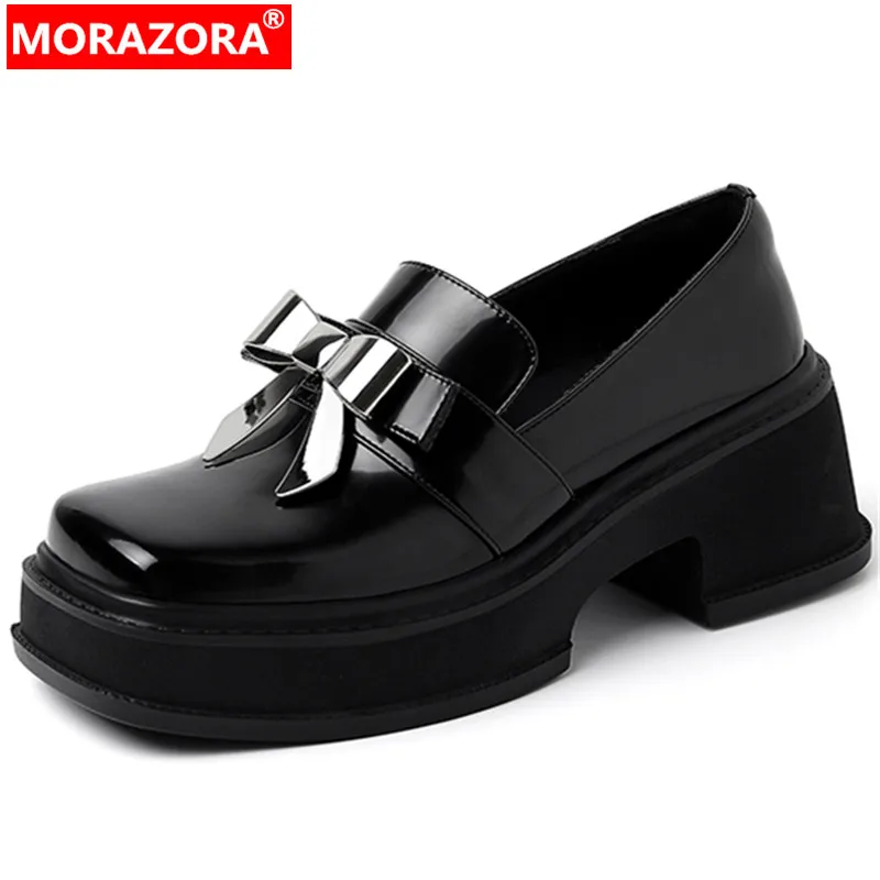 

MORAZORA 2024 New Arrive Butterfly Knot Genuine Leather Shoes Woman Shallow Chunky Dress Shoes Ladies Popular Pumps