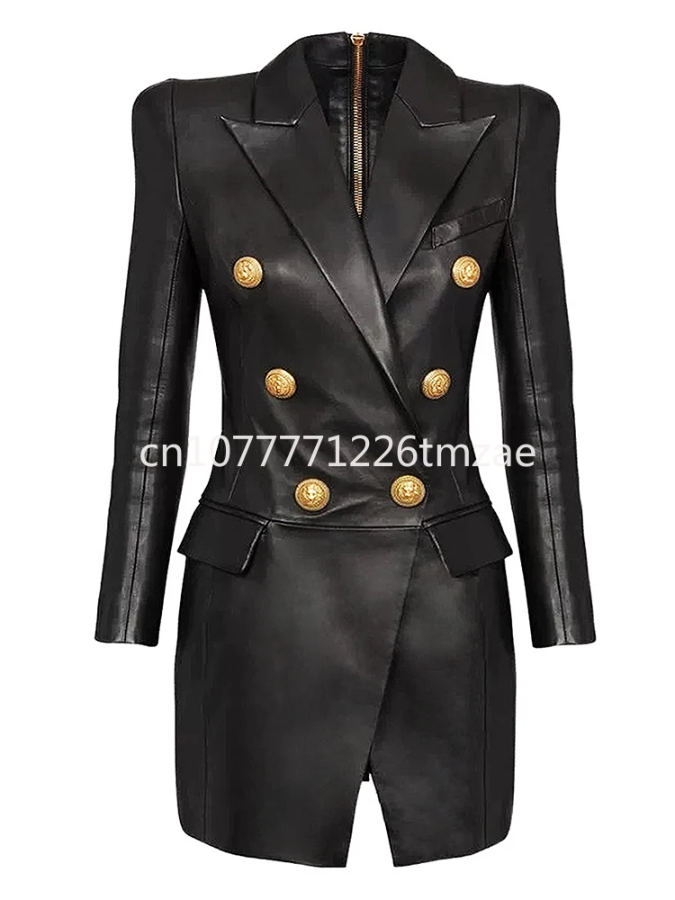 

Latest 2024 Spring and Autumn Designer Women's Lion Metal Button Artificial Leather Business Suit and Dress