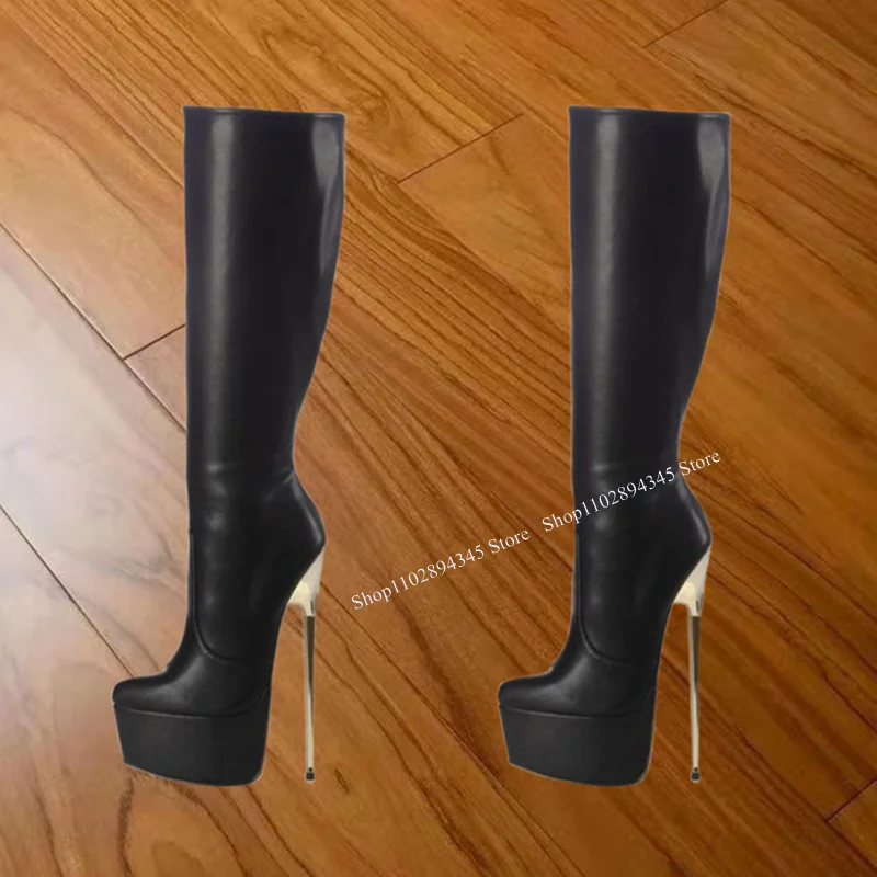 

Black Matte Knee High Platform Boots Thin High Heel Pointed Toe Fashion Sexy 2025 Winter Big Size Woman Shoes Zapatillas Mujer