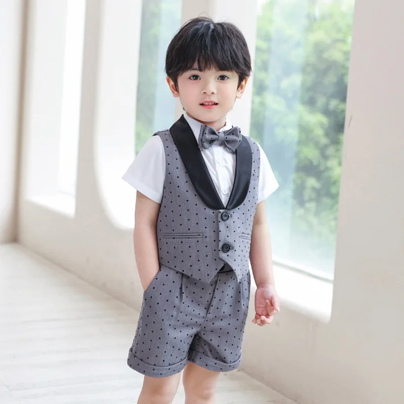 Children Dot Vest Shirt Shorts Bowtie Photography Suit Kids Wedding Birthday Party Costume Boys Breathable Summer Dress School