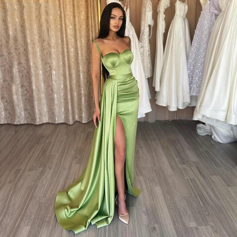 

Fantasy Dress 2023 Avocado Green Stain Formal Evening Dresses Sweetheart Spaghetti Strap Side High Split New Prom Dresses