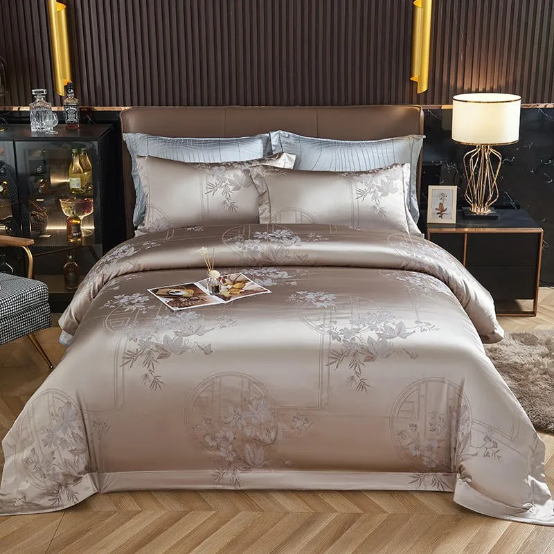 

Egyptian Cotton Jacquard Luxury Silky Bedding set Botanical Design Gray Gold Duvet Cover Bed Sheet Pillowcases Double Queen King