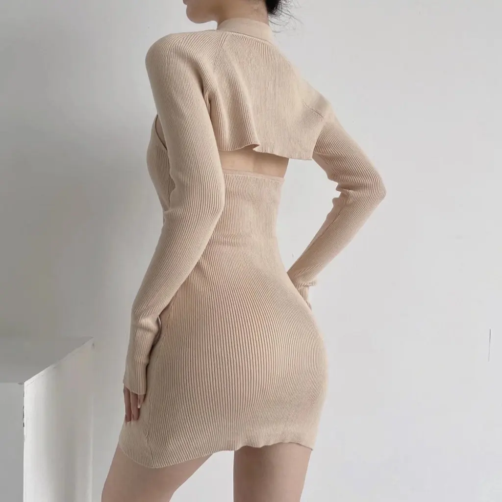 

YPFF Women's Cheongsam Halter Knitted Dress with Buckle Long Sleeve Sling Set Includes Short Shawl Top And Set/Group Suit