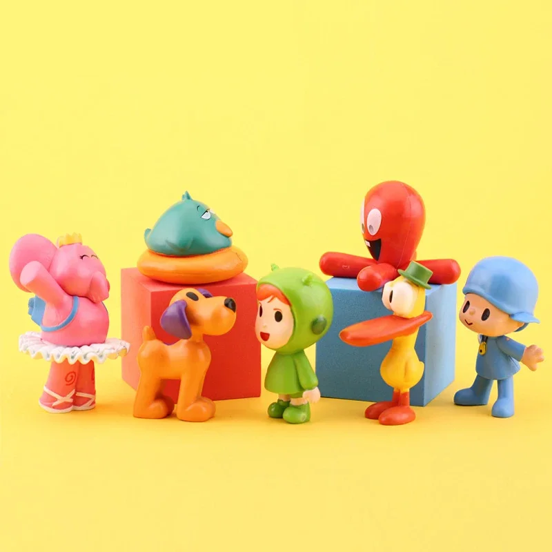 7 sztuk/zestaw Kawaii Pocoyo zabawka w kształcie zwierzątka ptak kaczka słoń lalka zabawka Model scena ozdoby Anime Cartoon śliczne figurki z pcv zabawki