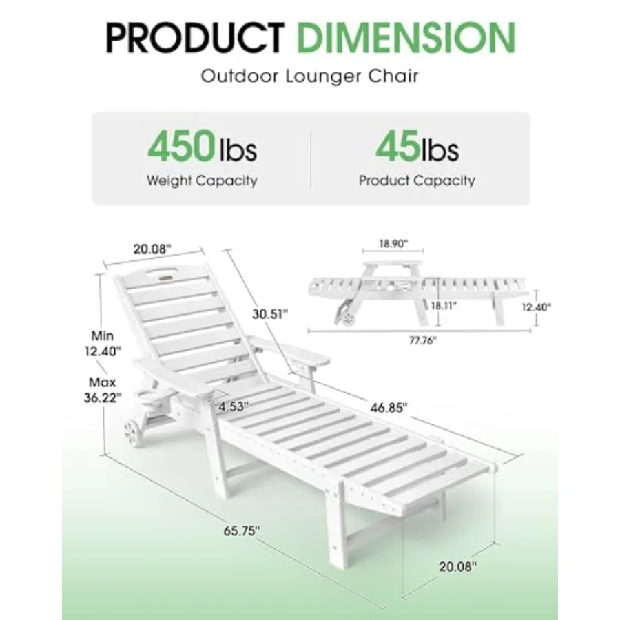 Outdoor chaise lounge set of 2: HDPE wood-texture chairs with 5-position adjustable backrest, wheels, and cup holder for pool d