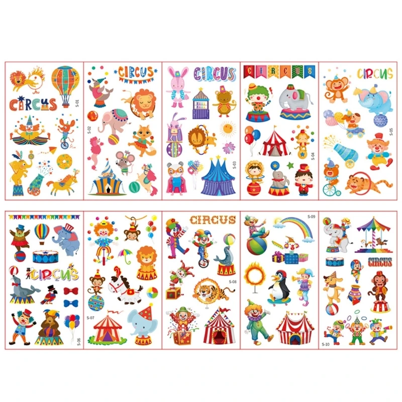 Set of 10 Kids Colorful Circus Troup Stickers Cartoon Stickers Temporary on Face Arm Leg for Children Legs Art Decors