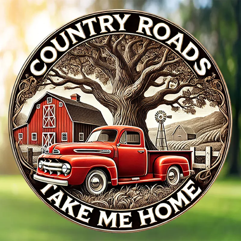 Vintage Country Road Red Pickup Tree Farm Round Metal Sign 20x20cm 2D Flat Garage Patio Wall Decor Gift