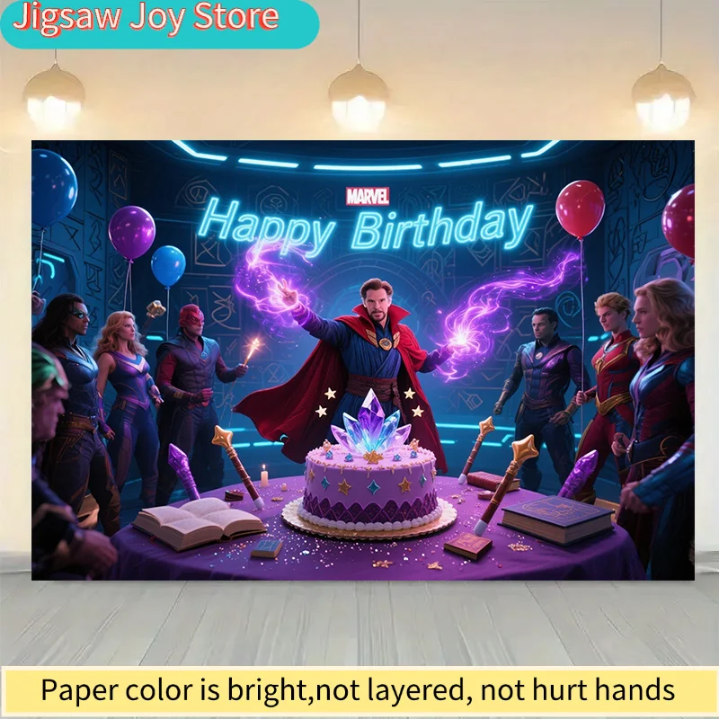 

Authorized Marvel-Themed Backdrop 5.28 : Birthday Scene Featuring Marvel Characters Like Doctor Strange, Perfect for Birthday