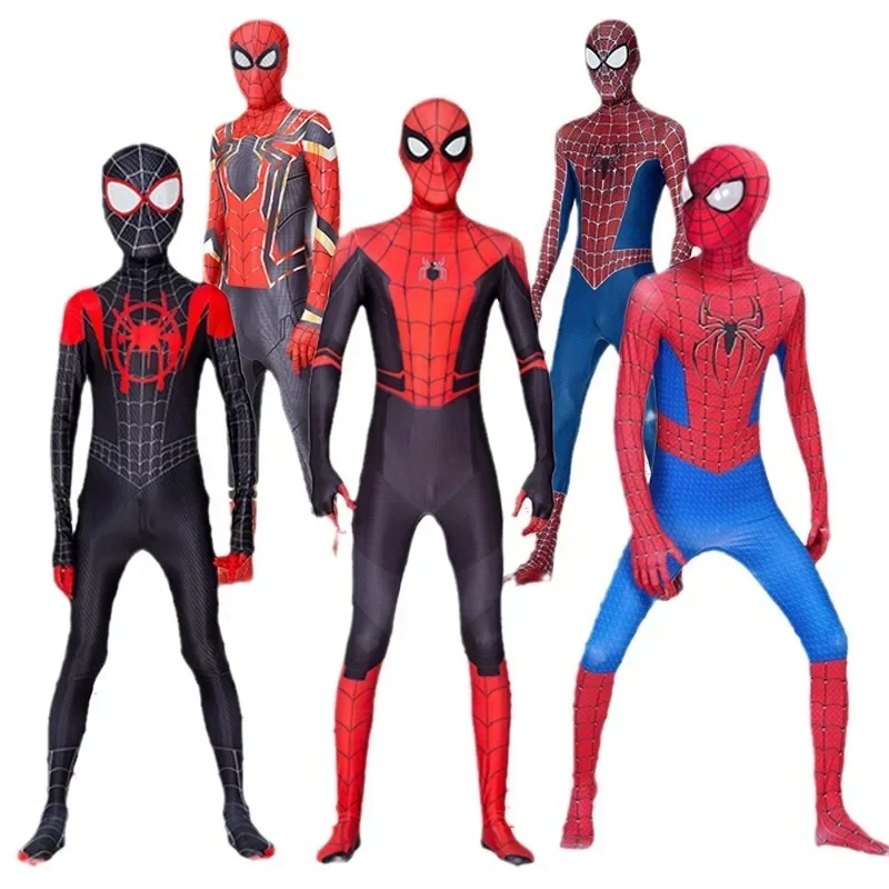 Spider-Man Superhero Jumpsuits Long Sleeve Cosplay Costume with Face Mask Halloween Masquerade Carnival Costume for Kids Adult