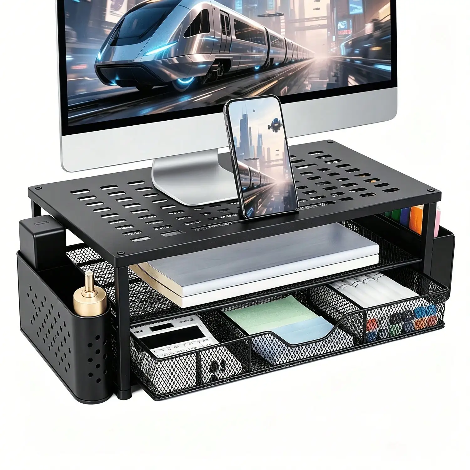 2-Tier Monitor Stand Riser with Drawer & 2 Pen Holders, Black Laptop Desk Organizer, Office Desk Accessories