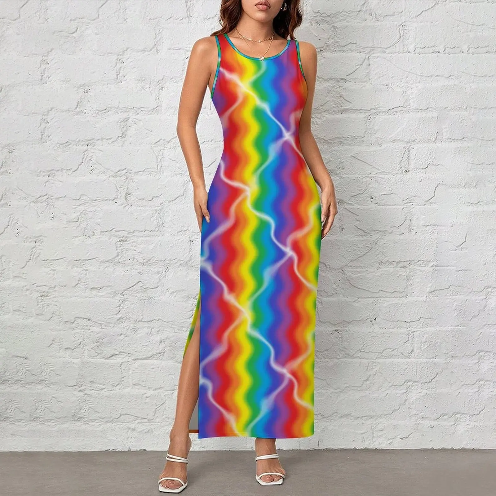 Ladies Bodycon Dress Club Party Cracked Rainbow Maxi Dresses Summer Abstract Stripes Colorful Streetwear Pattern Dress Big Size