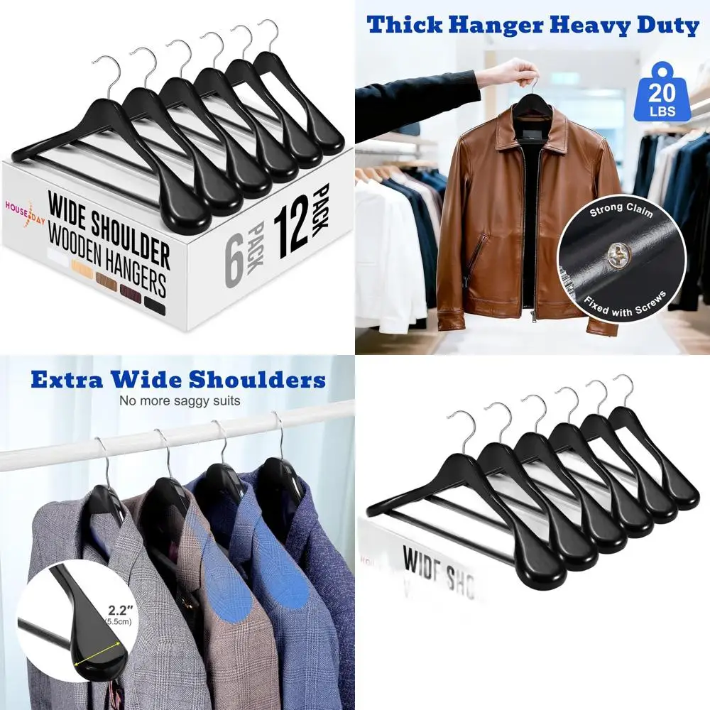 

12-Pack Wide Shoulder Wooden Hangers with Non-Slip Bar for Men's Suits, Coats, and Heavy Clothing (Black)