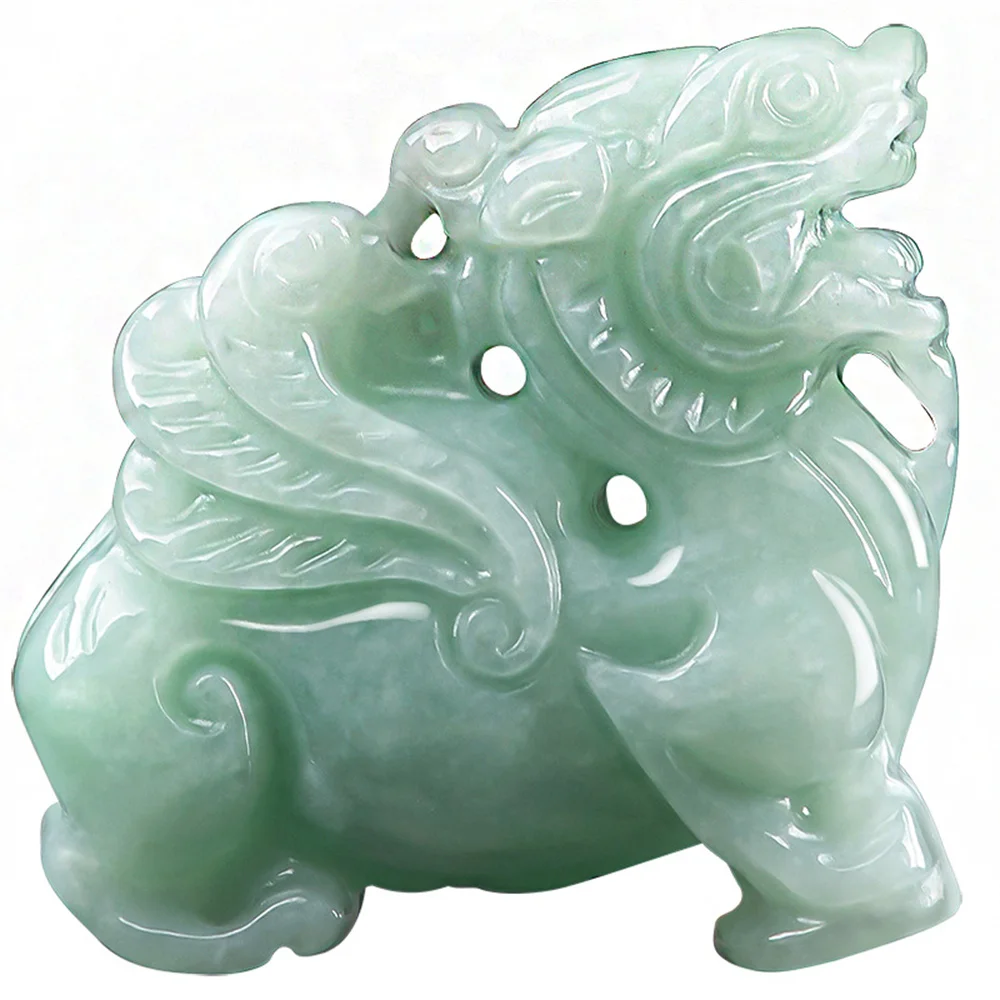 الجاديت الأخضر الجليدي الطبيعي منحوتة الصينية كيلين حية محظوظ قلادة تميمة قلادة شهادة فاخرة اليشم هدية مجوهرات