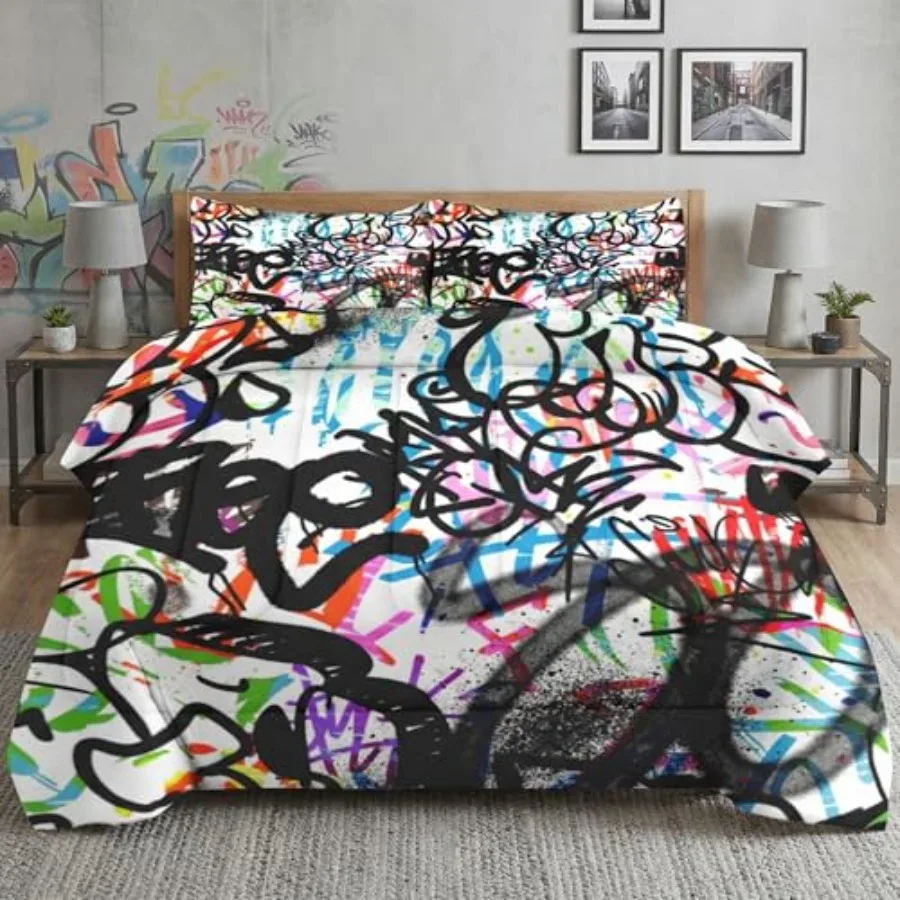 

Size Comforter Set with 2 Pillowcases, Abstract 3 Pcs Bedding for and Adults, Urban Modern Fashion Soft Comforter Set for Bedro