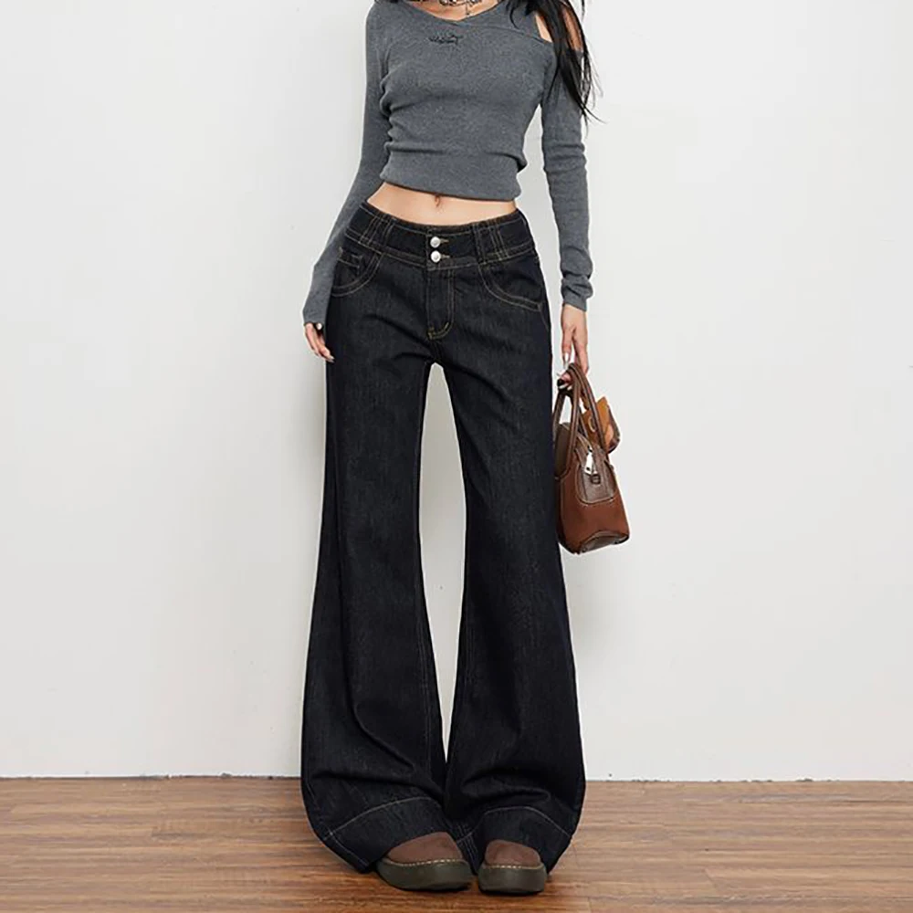 

Расклешенные джинсы в повседневном стиле, винтажные эстетические свободные брюки в стиле панк в стиле эмо, осень 202, женские однотонные широкие джинсовые брюки Y2K