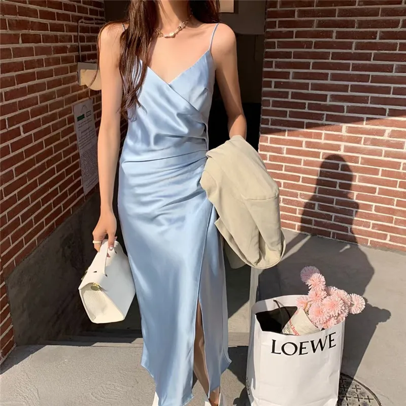 

Cross V neck Satin Dress Summer Low Cut Spaghetti Strap Sexy Evening Party Dresses Women Bodycon Maxi split Dress Vestidos