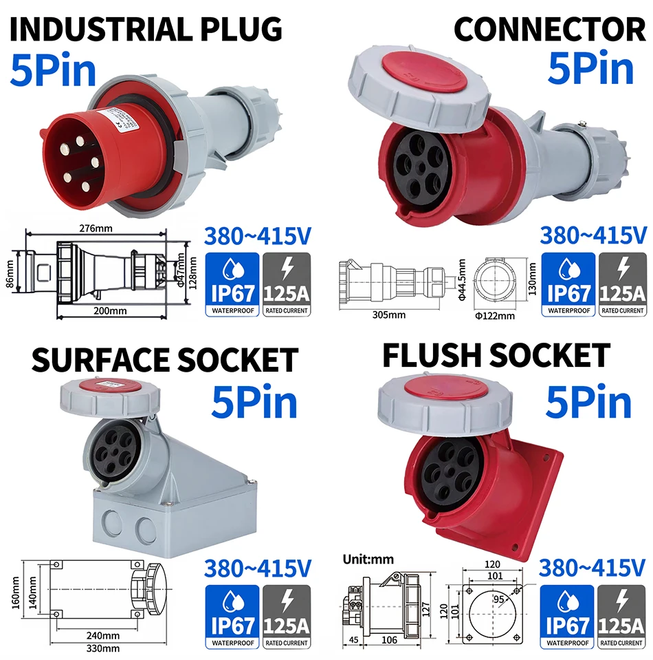 125A CEE Industrial Power Outlet IP67 – 3/4/5 Pin 380V/415V Male Female Connector Set, Robust Shell, Surface or Flush Mount T&I Online Store