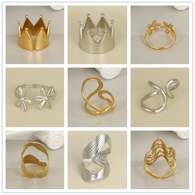 

8pcs Stainless Steel Women Gold/Silver Color Mix Ring Crown Geometric Shape Adjustable Opening High-Quality Ring Gift Accessory
