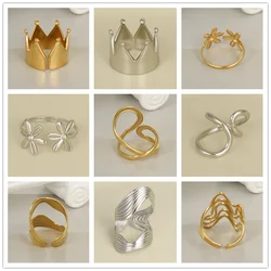 8pcs Stainless Steel Women Gold/Silver Color Mix Ring Crown Geometric Shape Adjustable Opening High-Quality Ring Gift Accessory