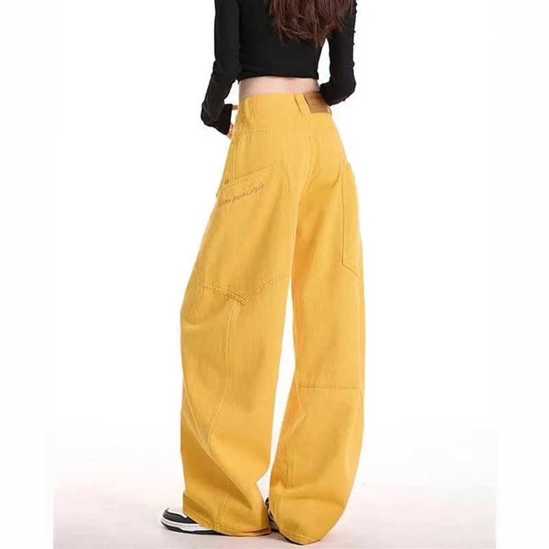 High Street Retro Yellow Jeans Women's Spring and Summer New Patchwork Design Sense High Waist Loose Work Clothes