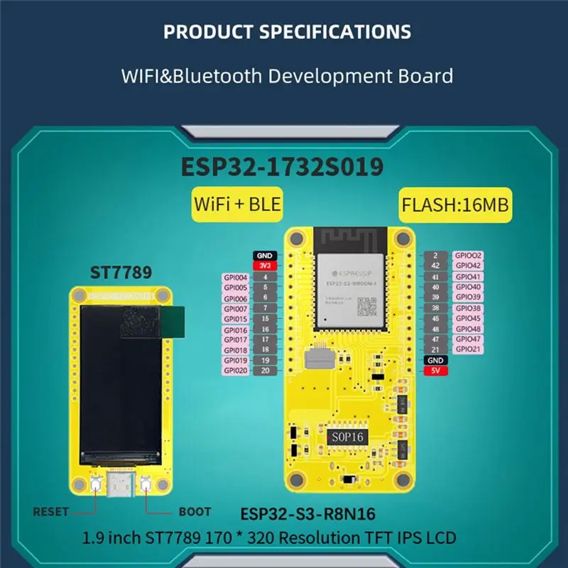 

Комплекты для разработки на базе ESP32-S3 с 1,9-дюймовым экраном, TFT-модулем 170x320, Wi-Fi+BT, HMI, 8 МБ PSRAM, 16 МБ Flash, LVGL-AEF7