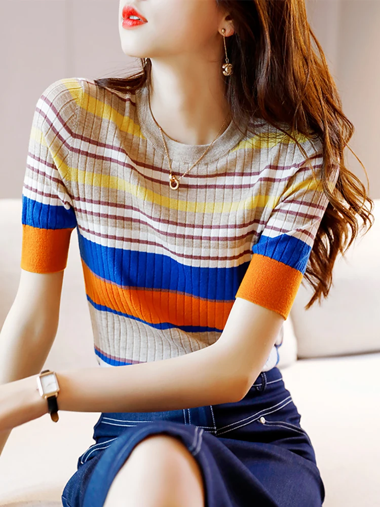 Women Clothes T-shirt Striped Knit Tops Summer Thin Short Sleeve Round Neck Tee Shirt Femme Korean Fashion T Shirts Female Tees