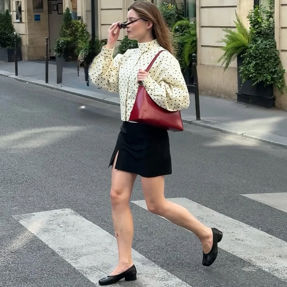 Ticketsx Polka Dot Stand Neck Short Jackets Women Fashion Long Sleeve Patchwork Contrast Slim Coats Casual Lady Street Outerwear