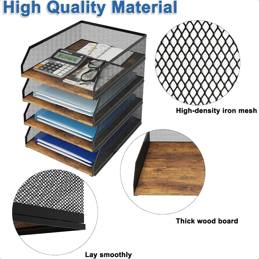 Natwind 4-уровневый штабелируемый лоток для бумаги, металлическая сетка, настольный органайзер, деревянная доска, сортировщик бумаги, лотки для писем, стеллаж для хранения файлов и документов