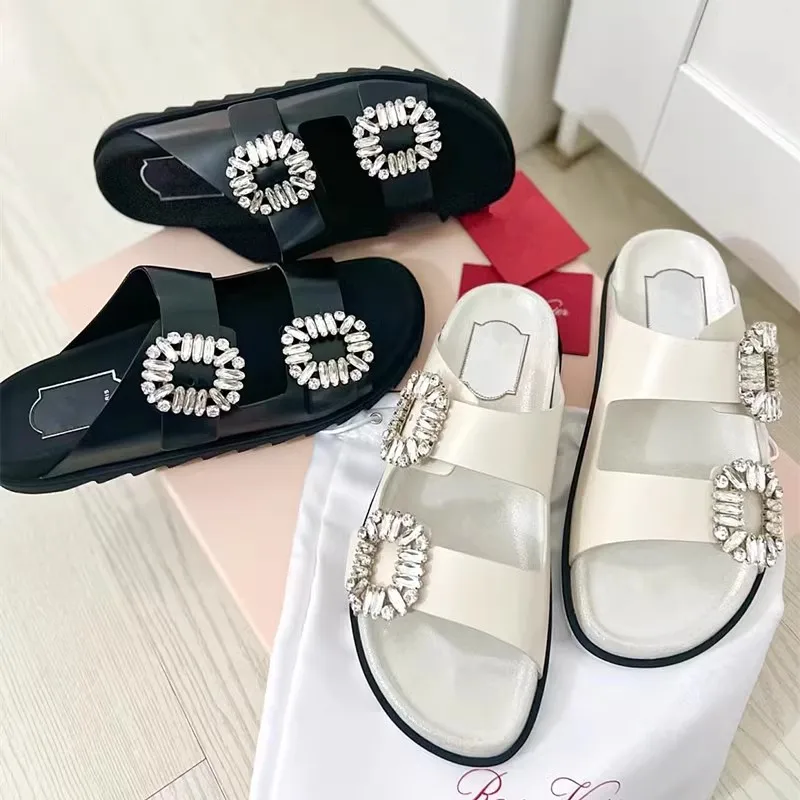 Brand Crystal Buckle Beach Summer Shoes Women Slippers Rhinestone Transparent Platform Mules Slides Flats Sandalias Planas Lujo