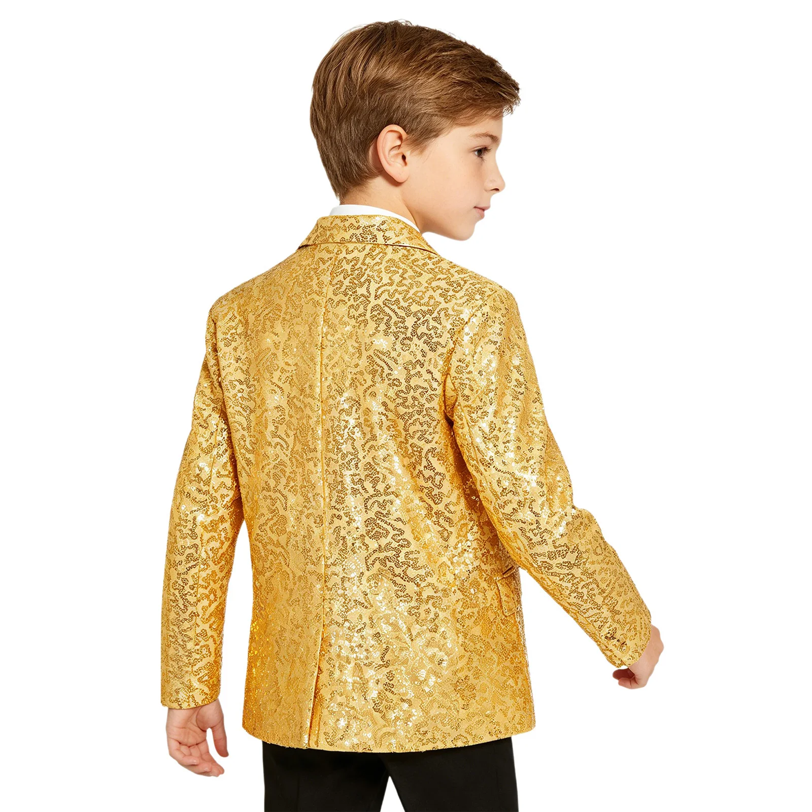 Kinder Jungen Jazz Dance Oberteile Performance Kostüm Glänzende Pailletten Glitzer Revers Einknopf-Anzugjacke Blazer Festival Smoking Jacke – Detail 3